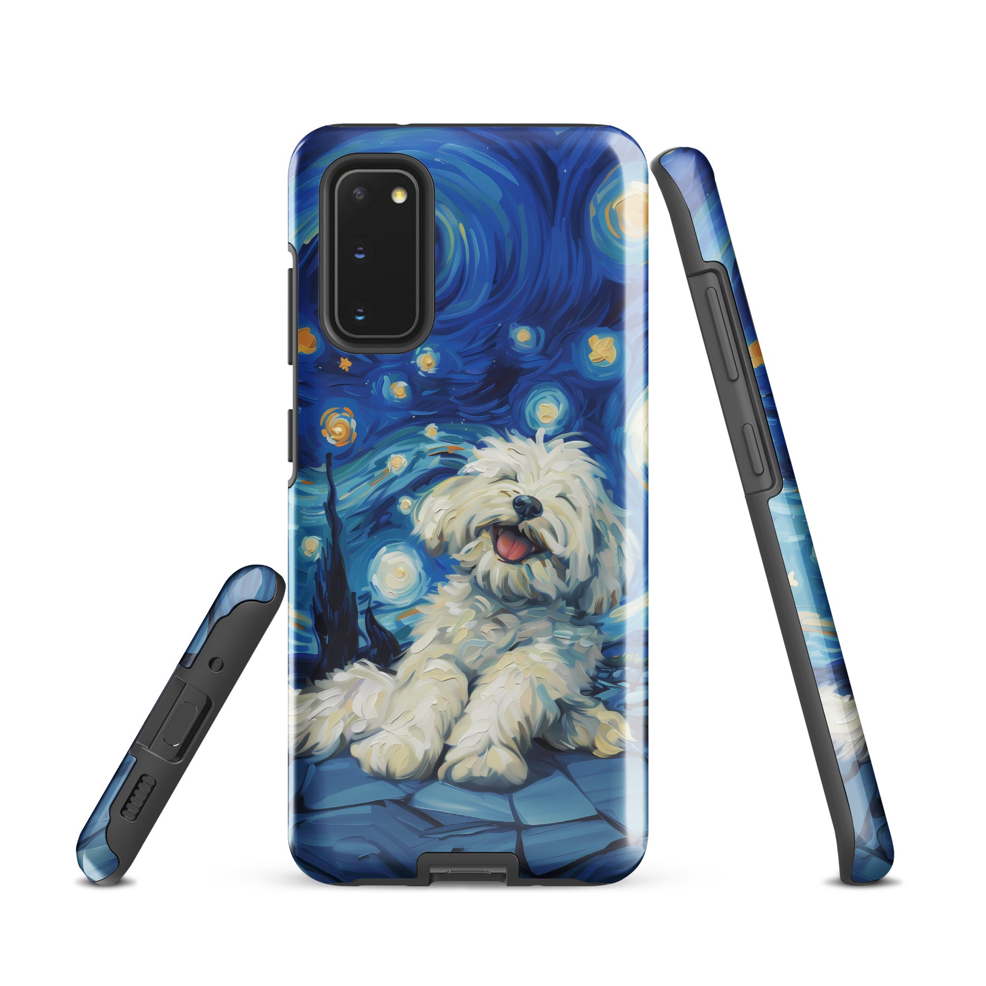 Van Gogh’s Starry night scene with a happy coton de tulear.