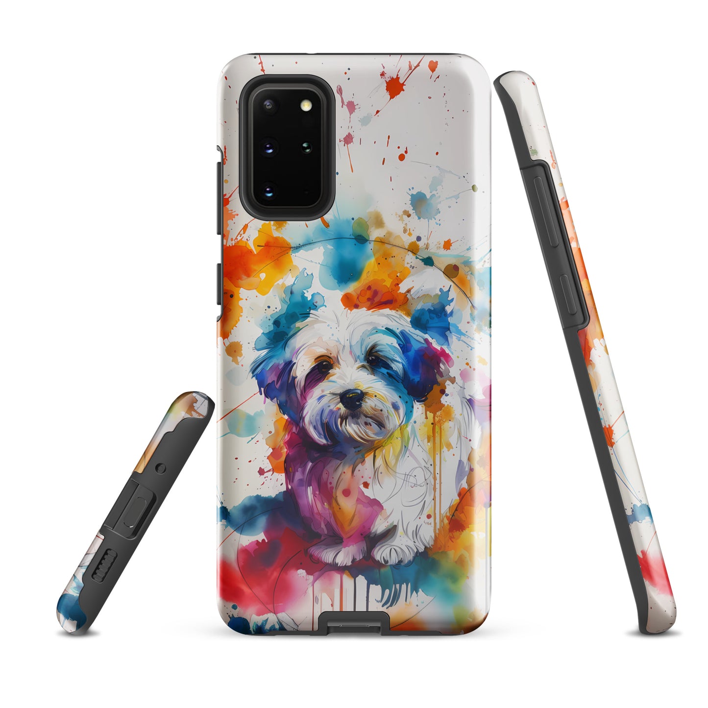 A Coton De Tulear dog in a splatter art phone case