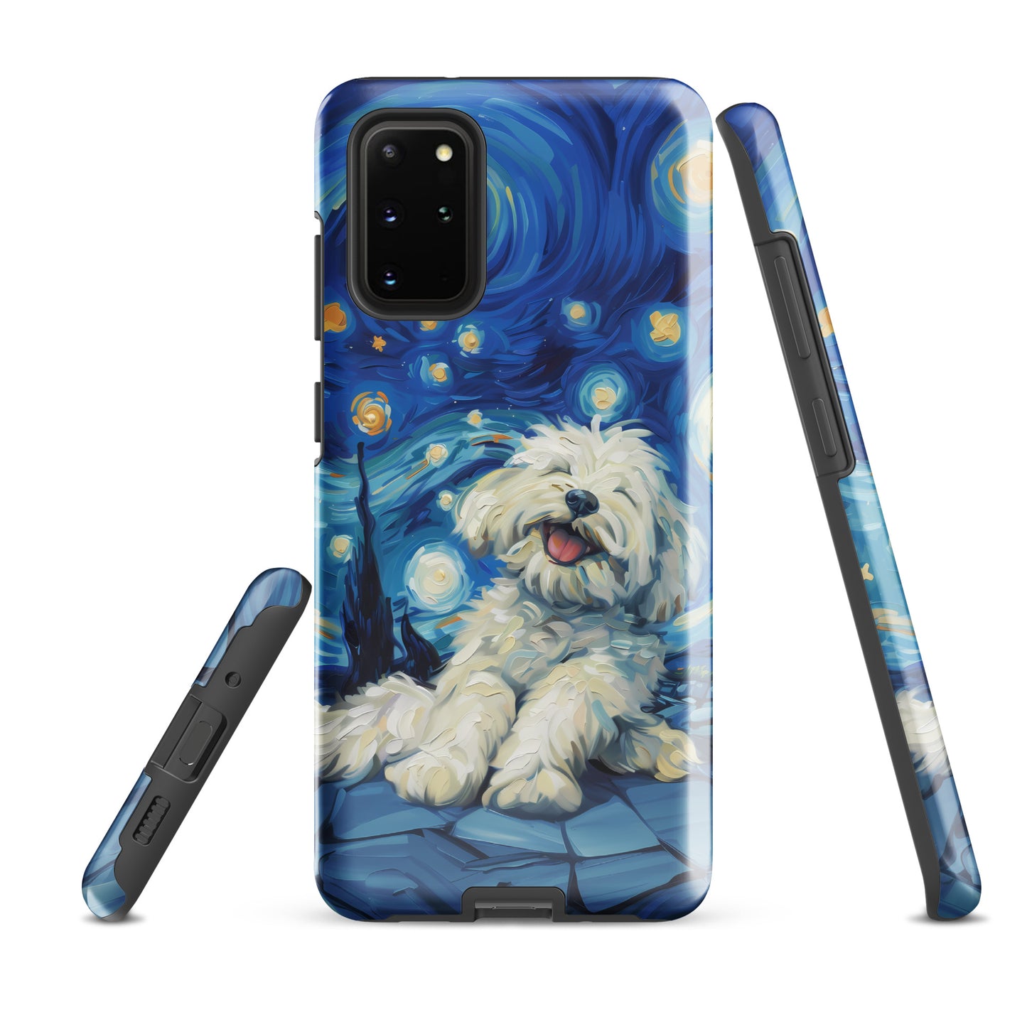 Van Gogh’s Starry night scene with a happy coton de tulear.