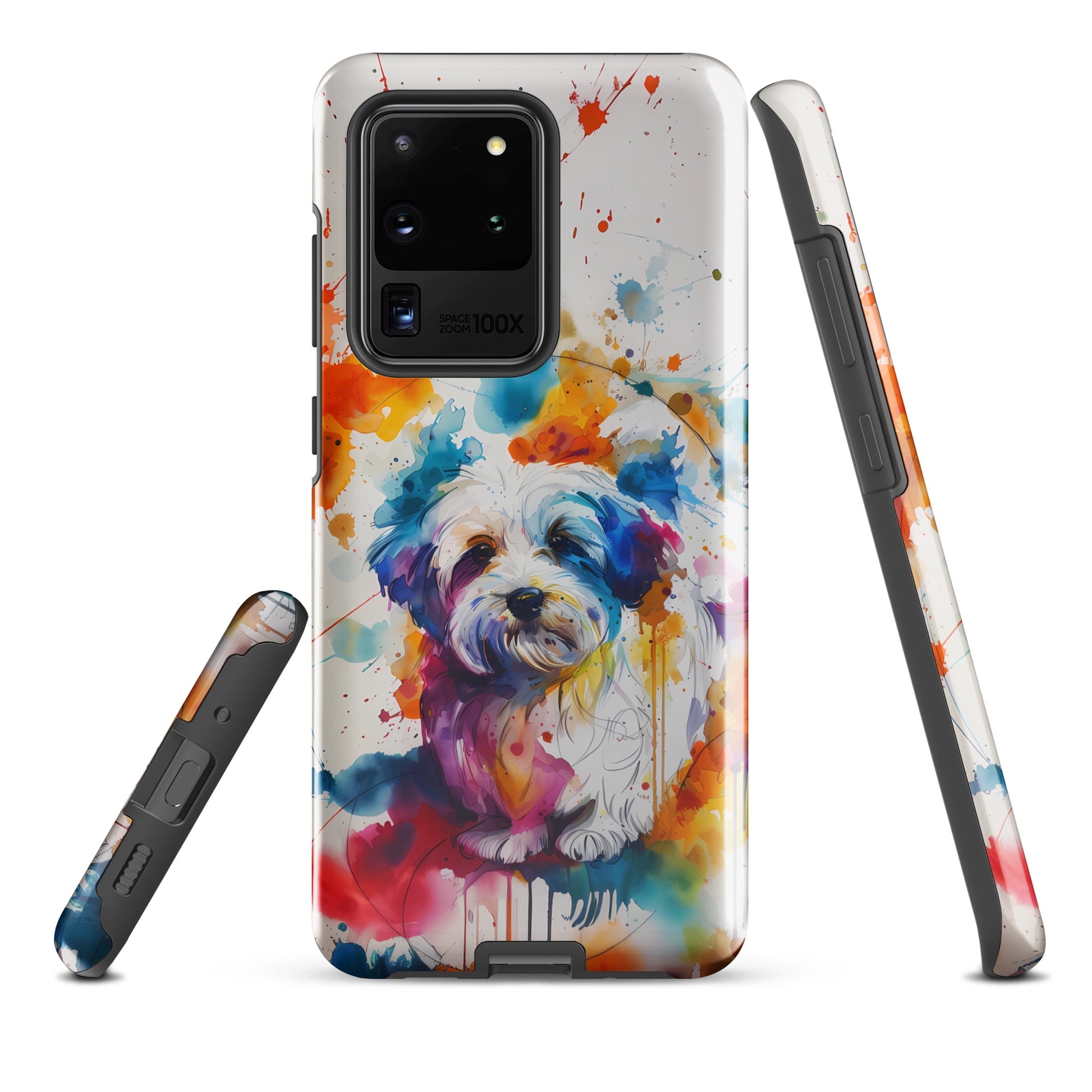 A Coton De Tulear dog in a splatter art phone case