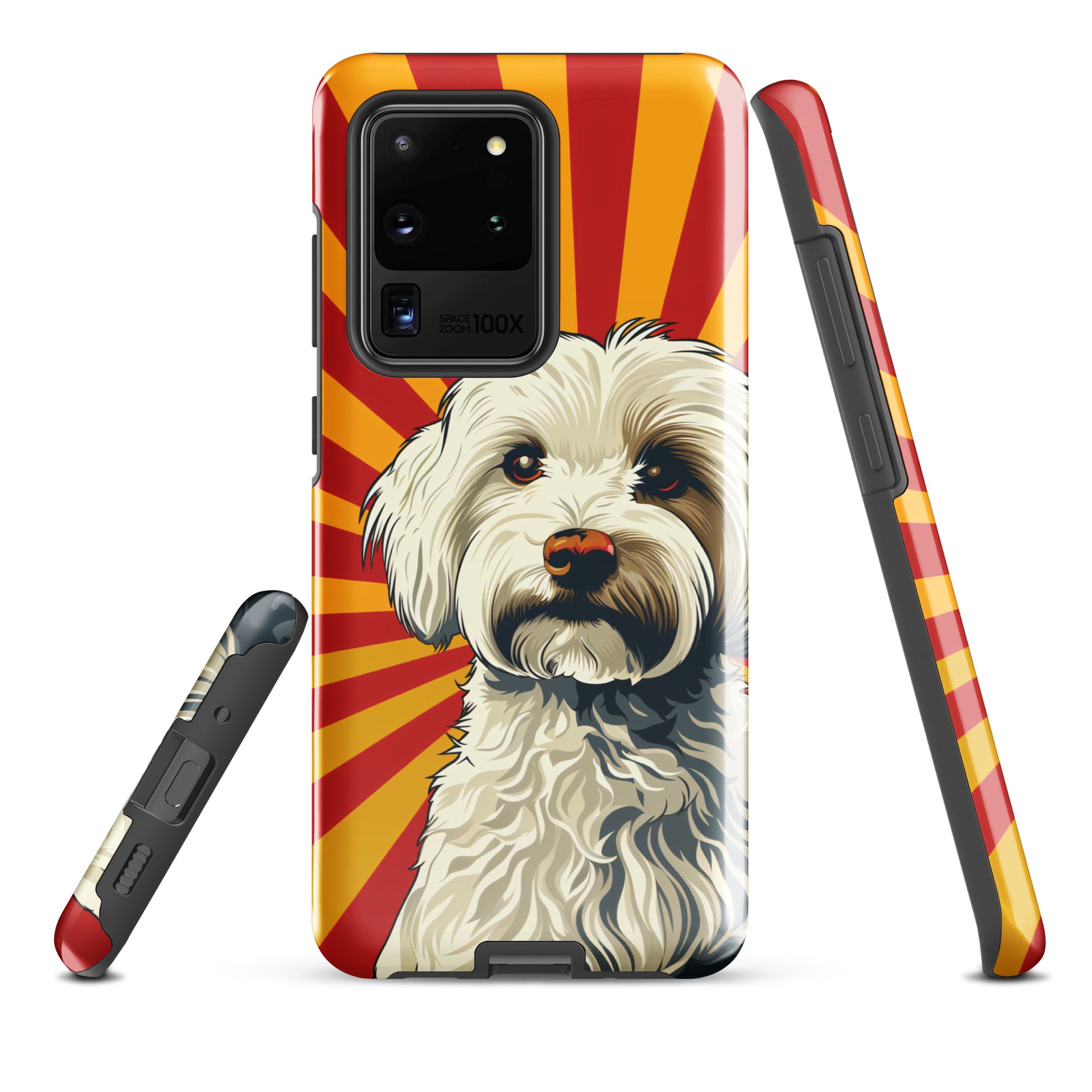 Coton De Tulear dog Pop Art with Yellow and Red rays in the background