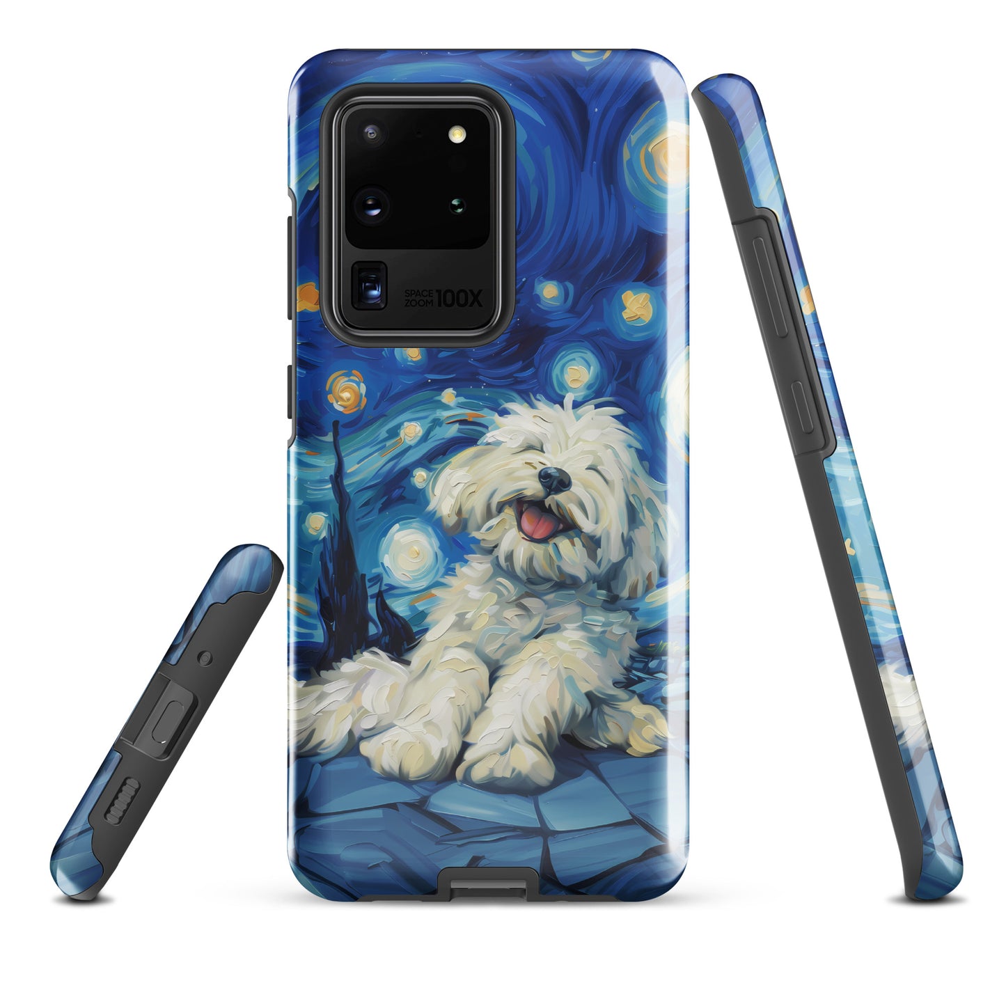 Van Gogh’s Starry night scene with a happy coton de tulear.