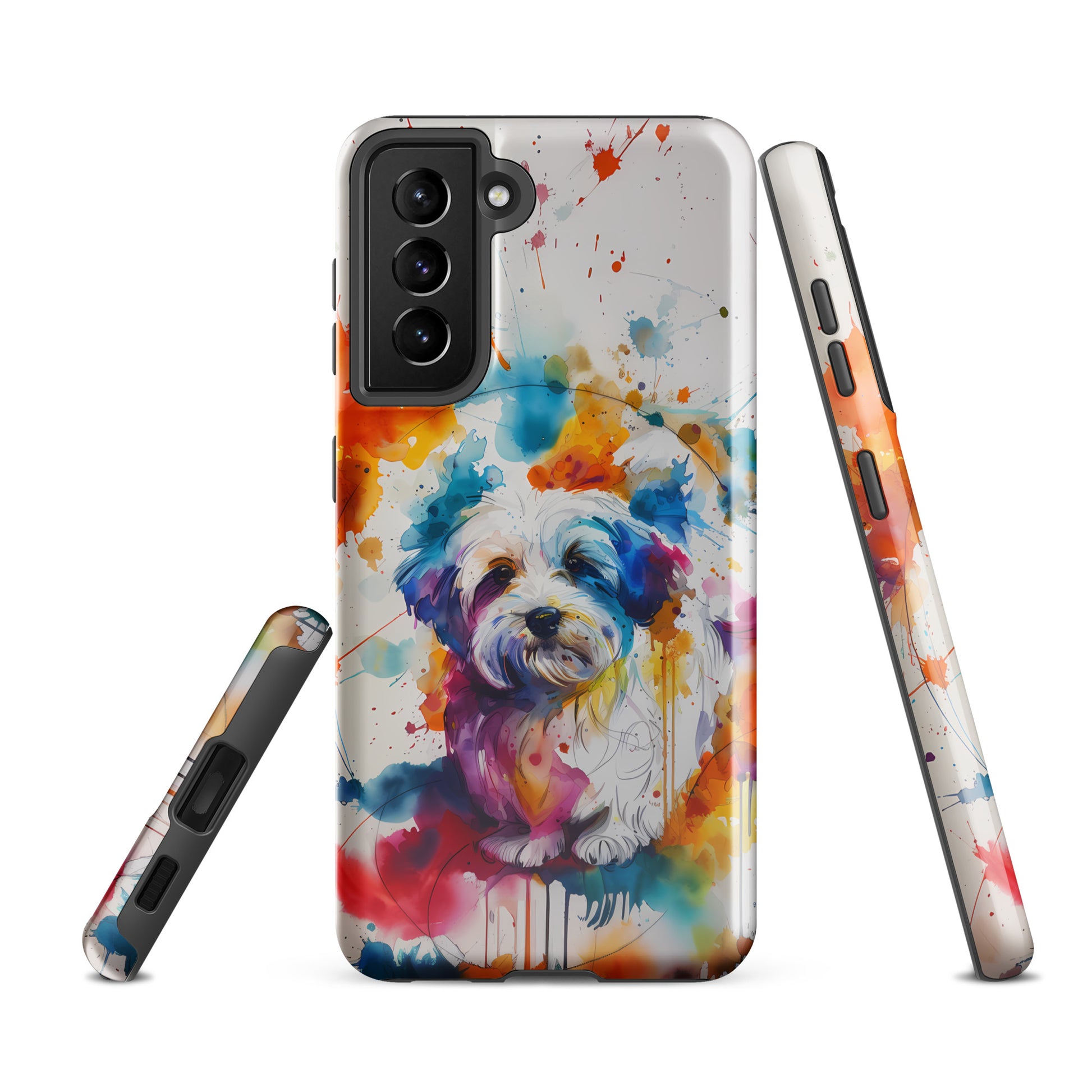 A Coton De Tulear dog in a splatter art phone case