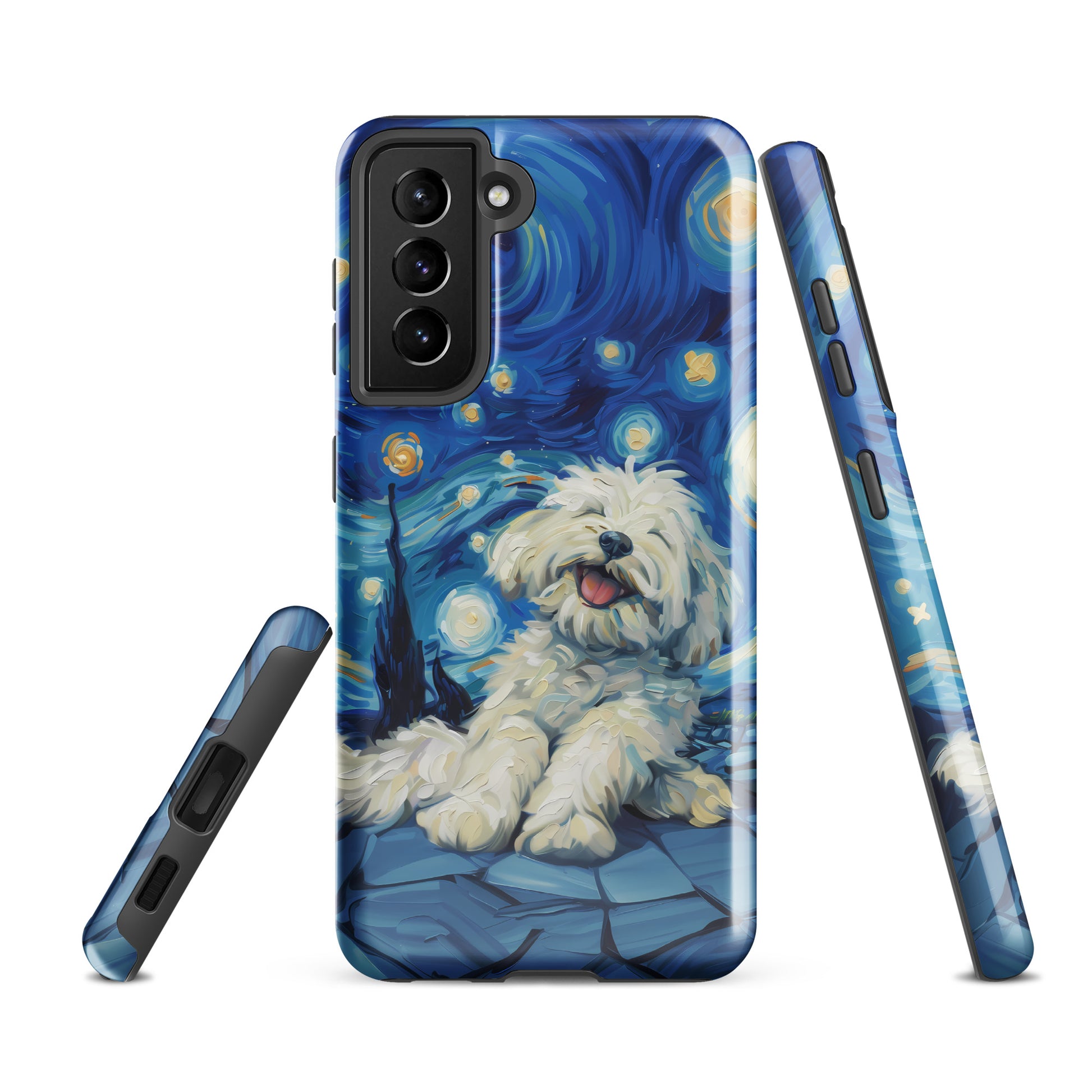 Van Gogh’s Starry night scene with a happy coton de tulear.