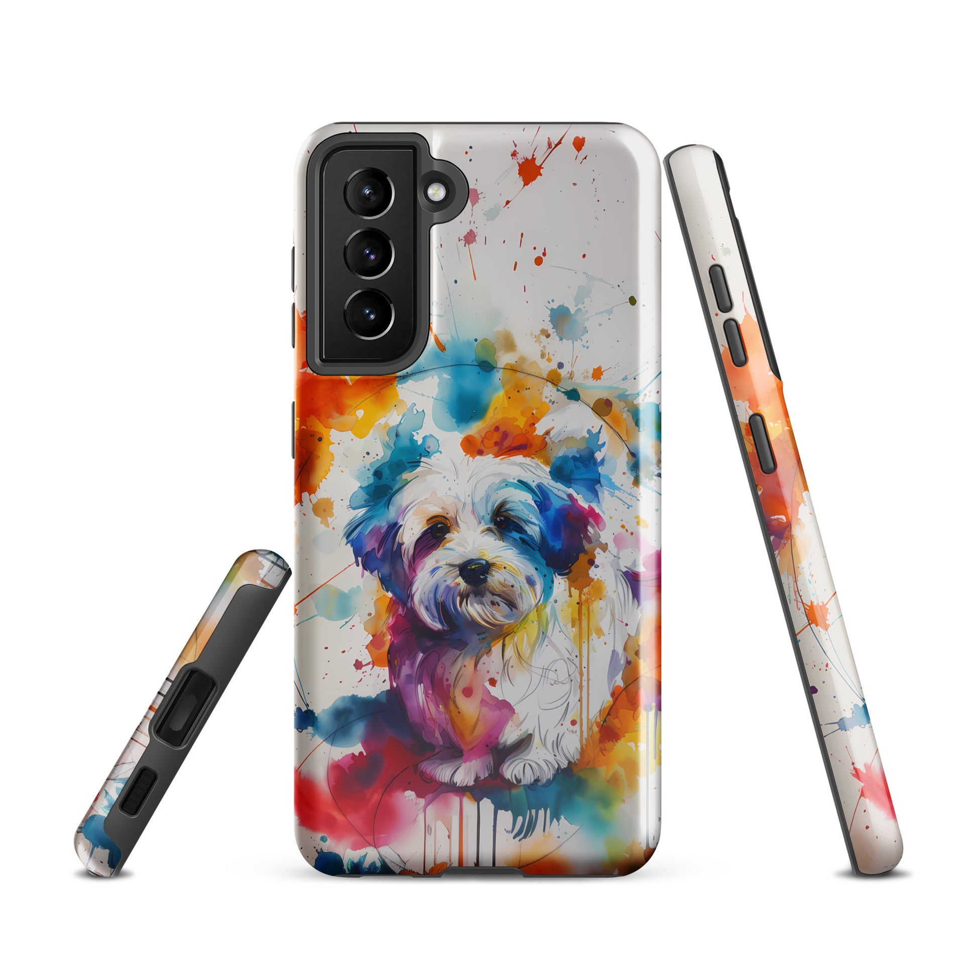 A Coton De Tulear dog in a splatter art phone case