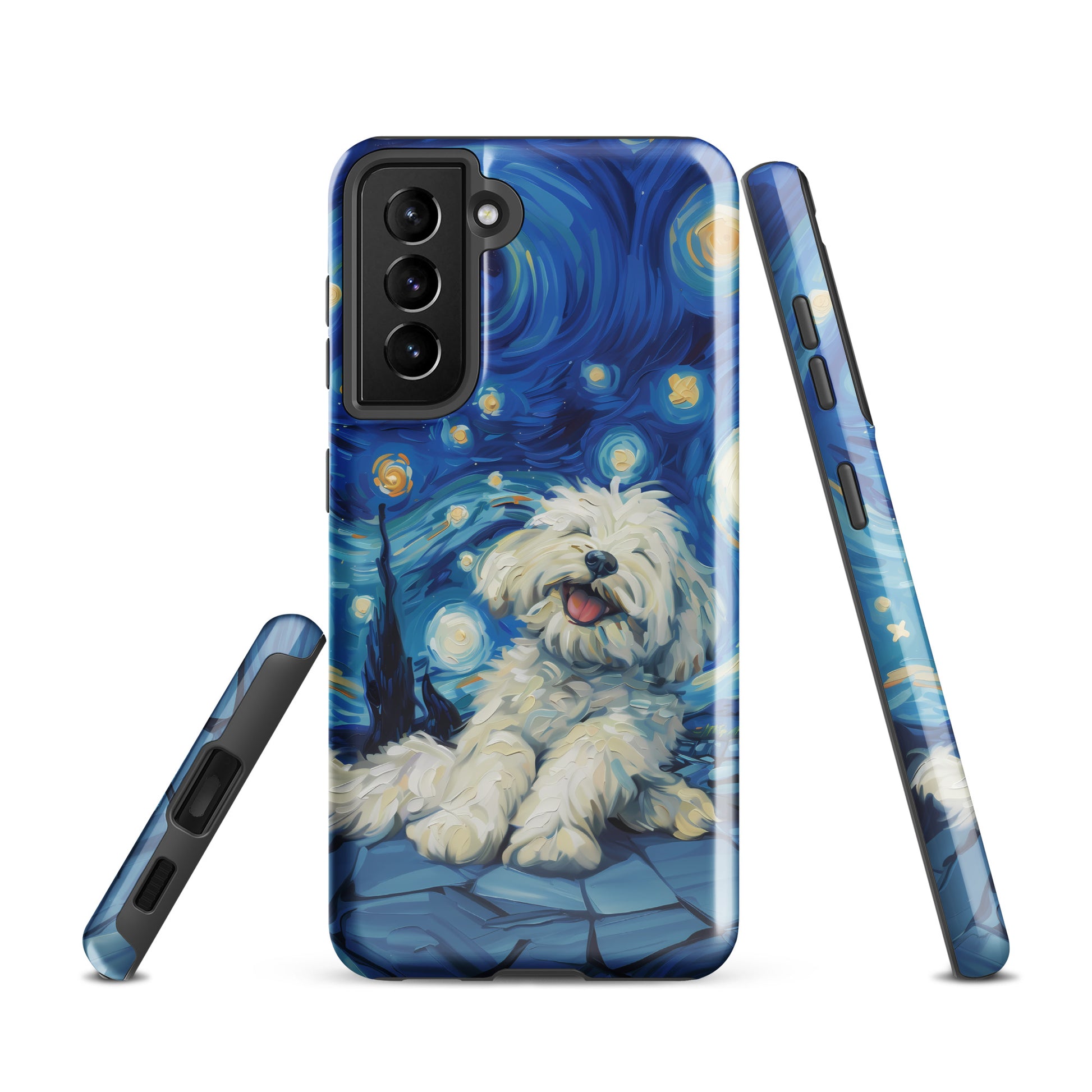 Van Gogh’s Starry night scene with a happy coton de tulear.