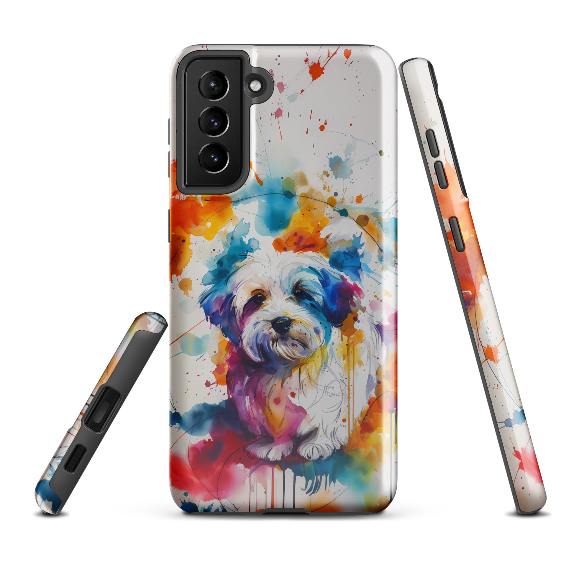 A Coton De Tulear dog in a splatter art phone case