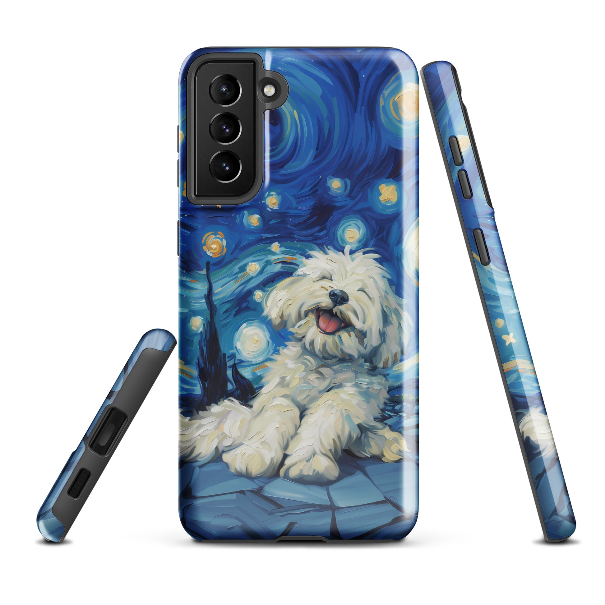 Van Gogh’s Starry night scene with a happy coton de tulear.