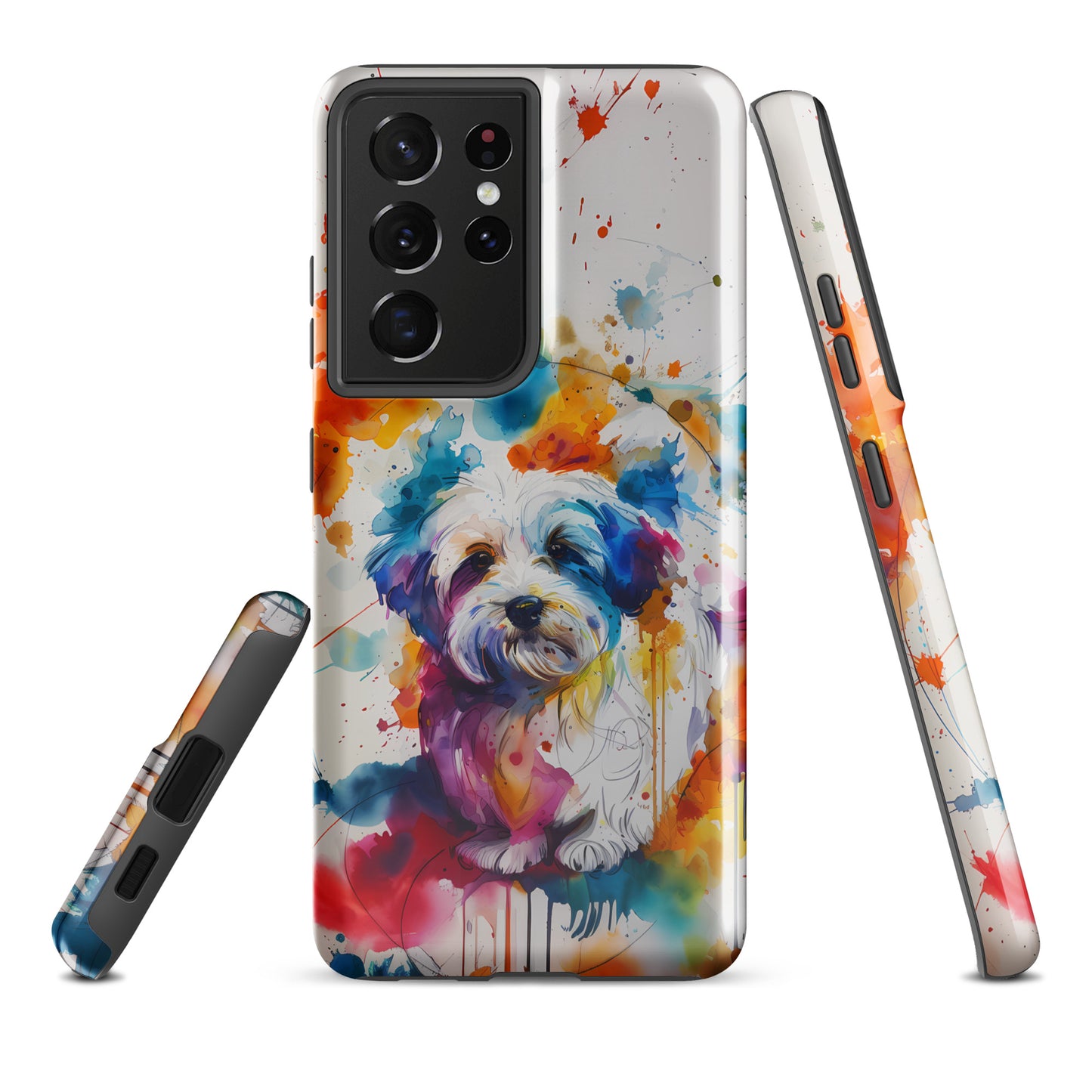 A Coton De Tulear dog in a splatter art phone case