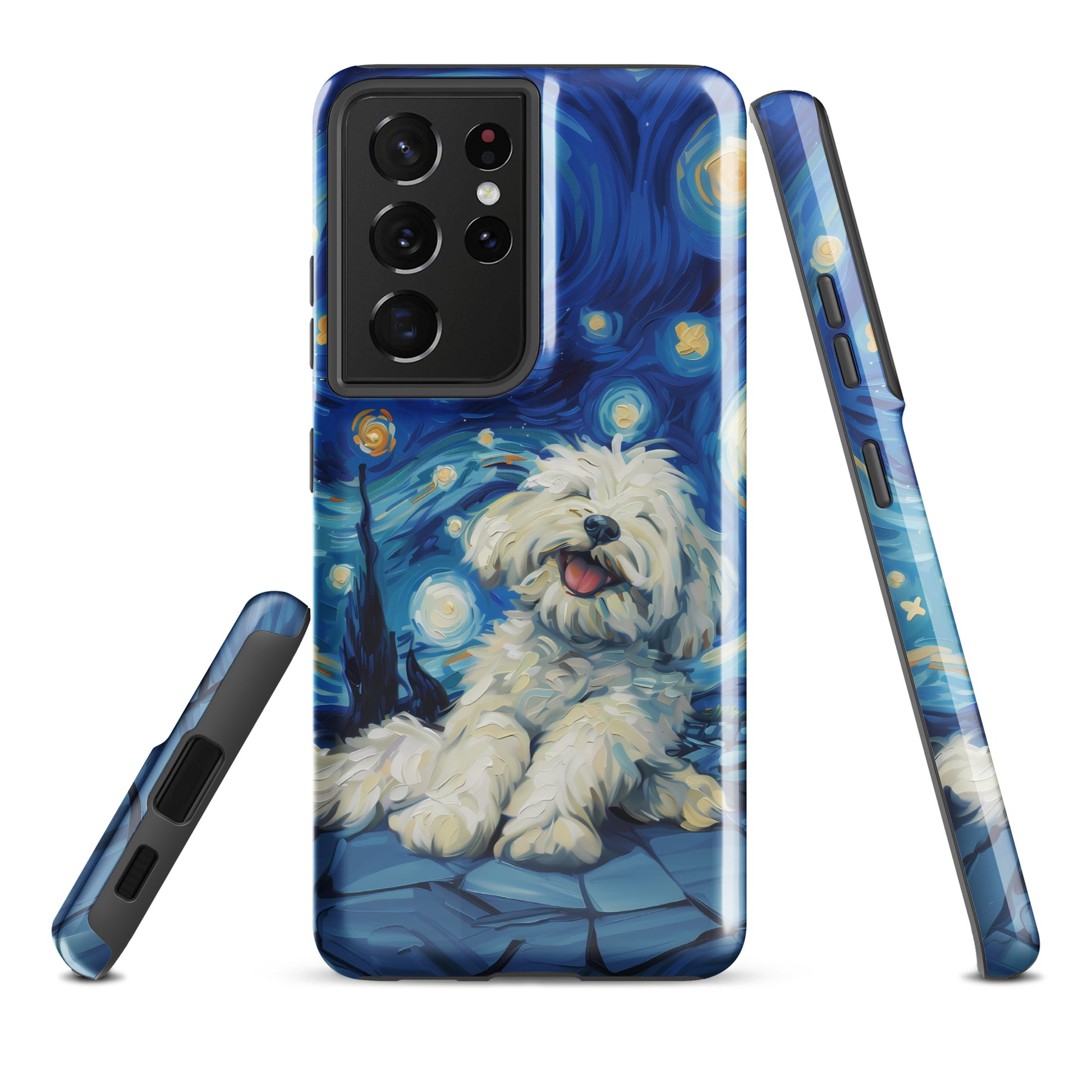 Van Gogh’s Starry night scene with a happy coton de tulear.