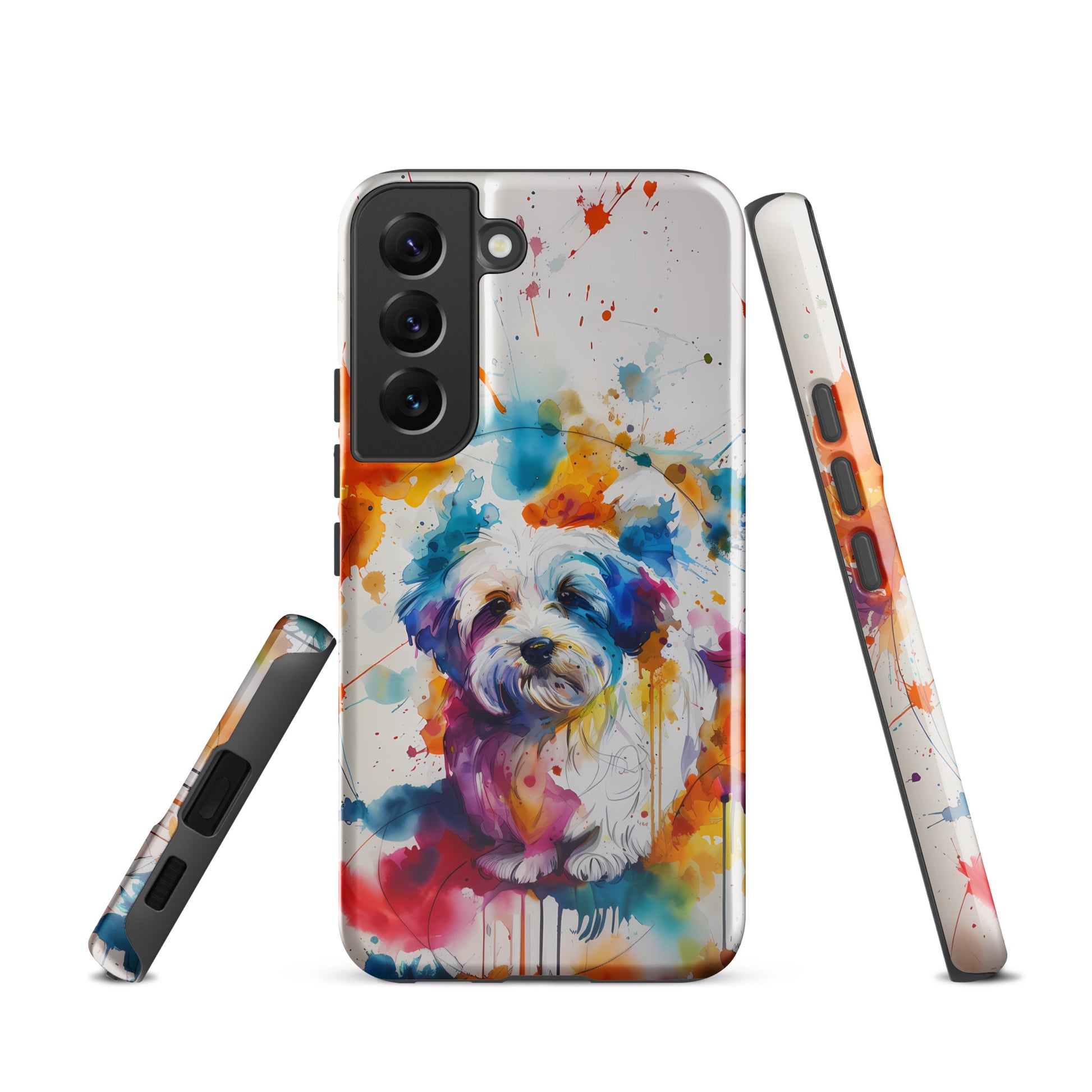 A Coton De Tulear dog in a splatter art phone case