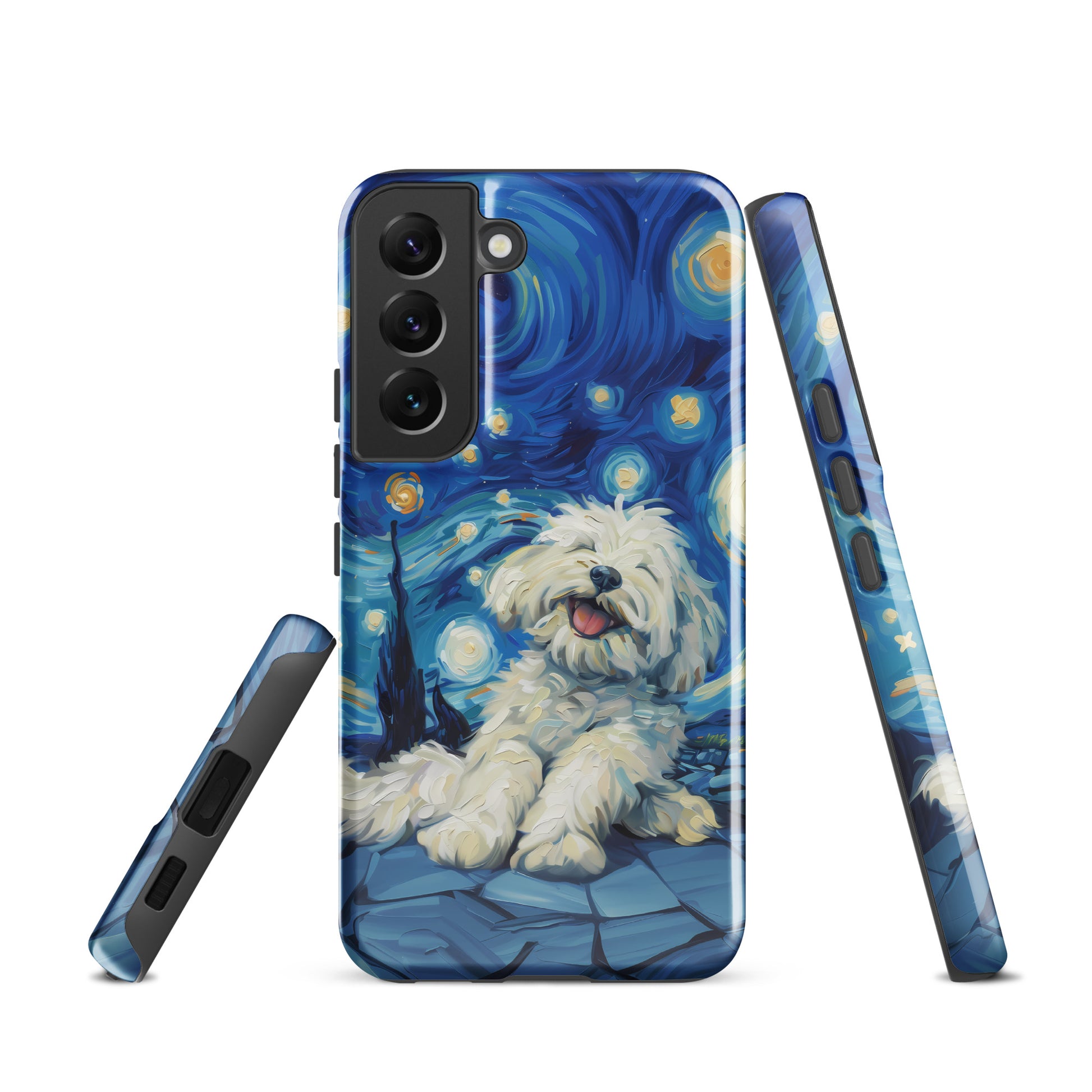 Van Gogh’s Starry night scene with a happy coton de tulear.