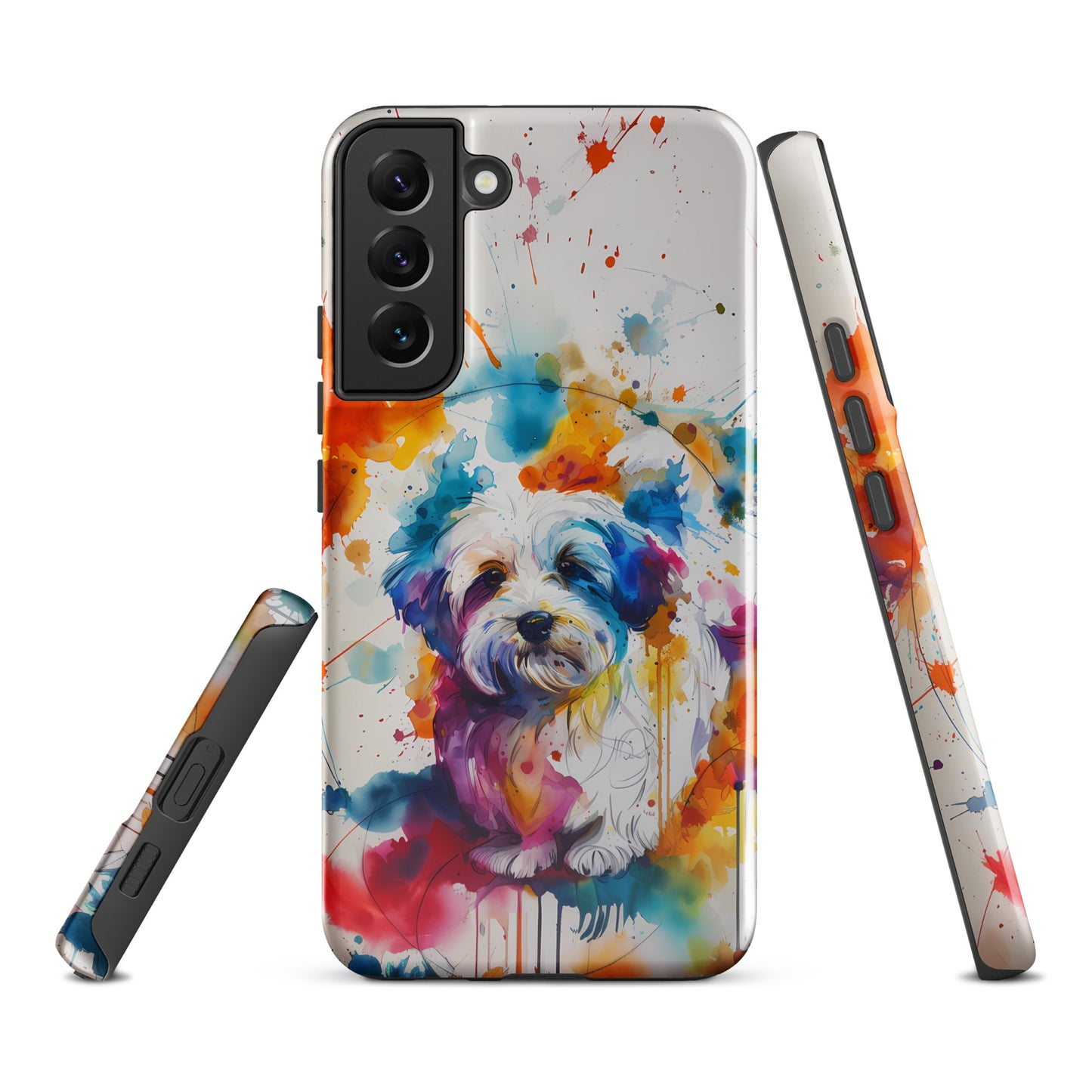 A Coton De Tulear dog in a splatter art phone case