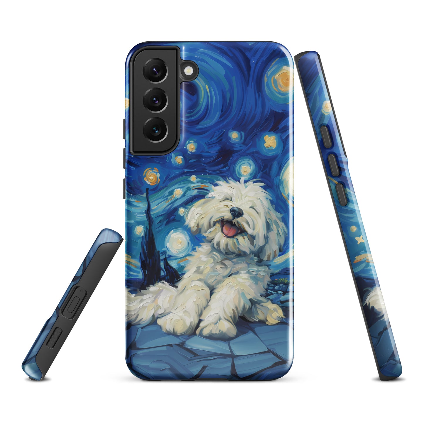 Van Gogh’s Starry night scene with a happy coton de tulear.