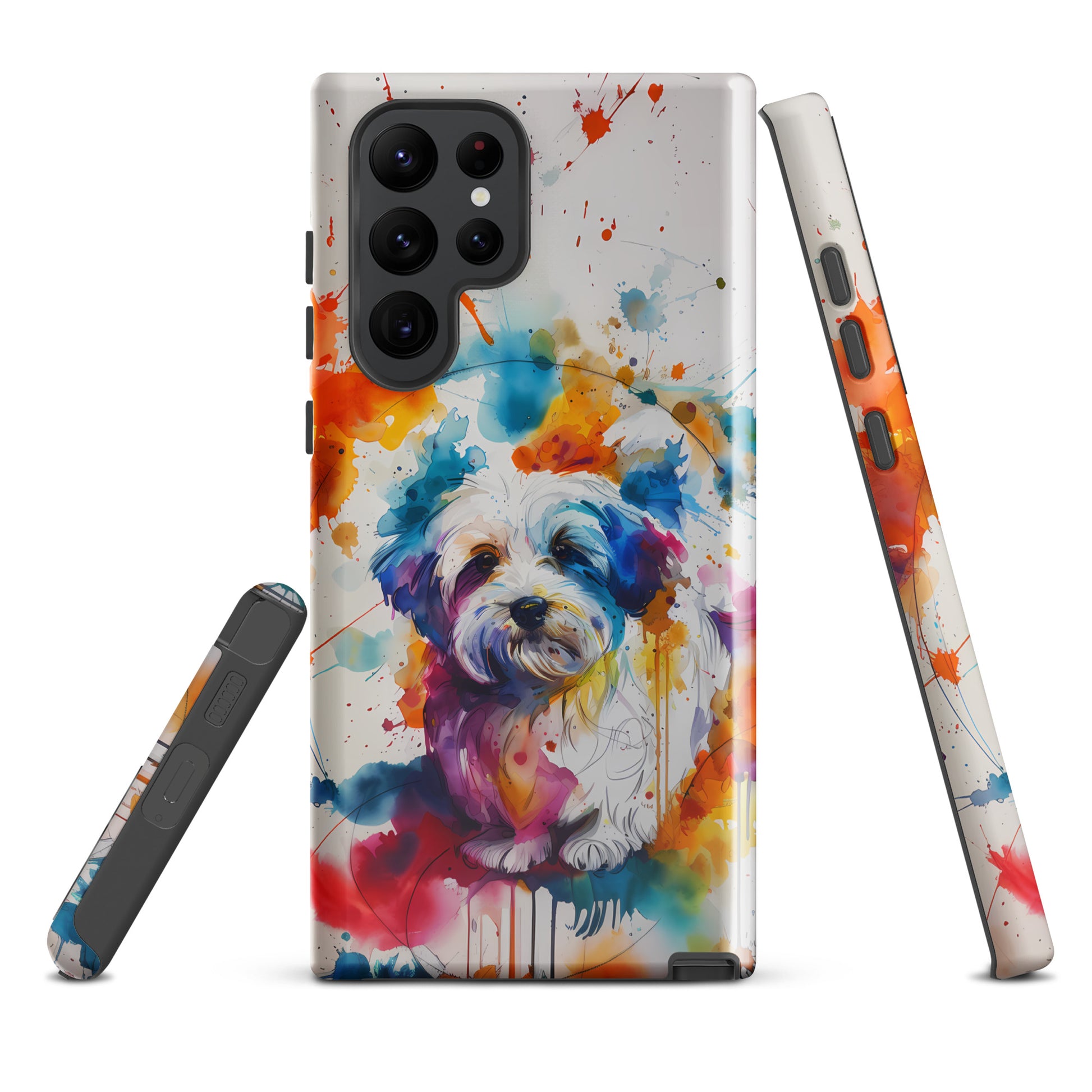 A Coton De Tulear dog in a splatter art phone case