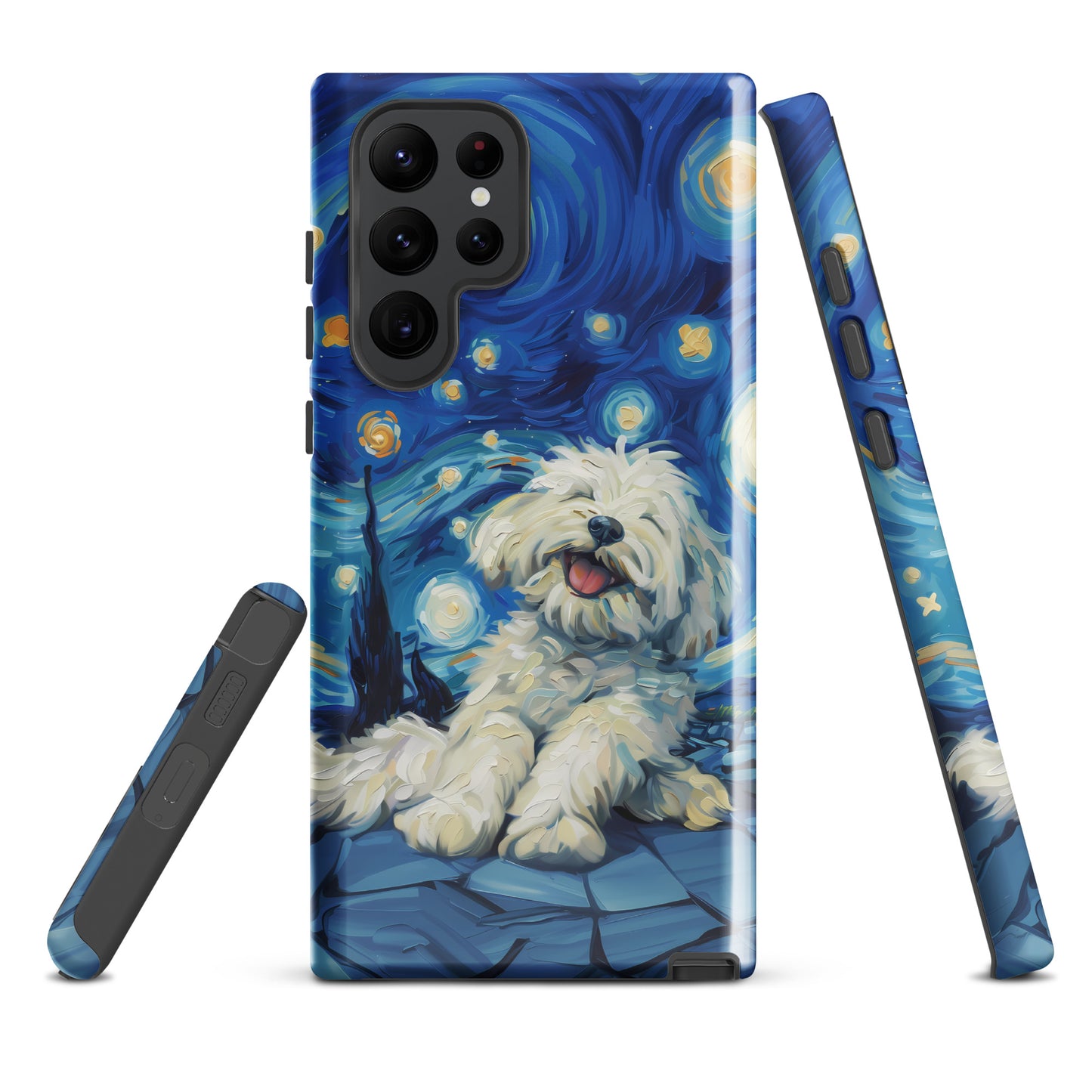 Van Gogh’s Starry night scene with a happy coton de tulear.