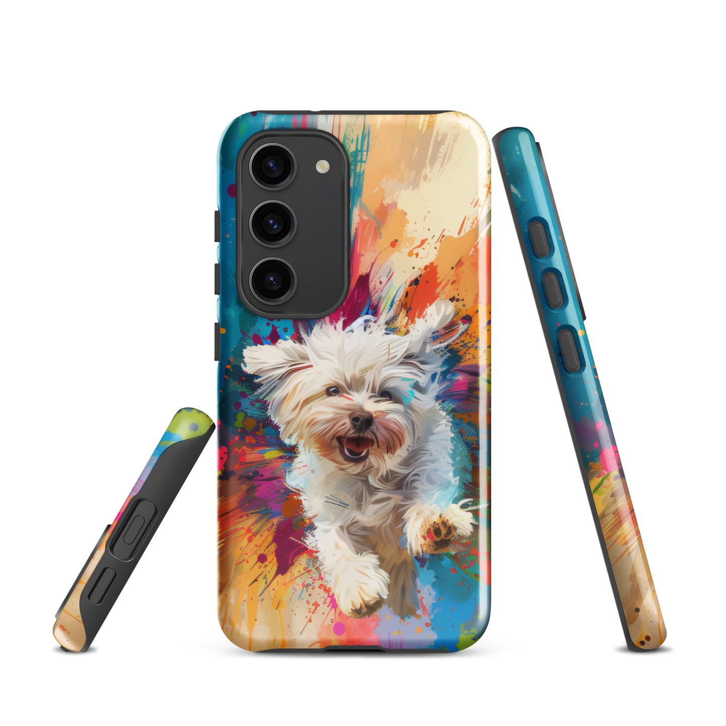 A Coton de Tulear jumps in the air with a colorful painterly background.