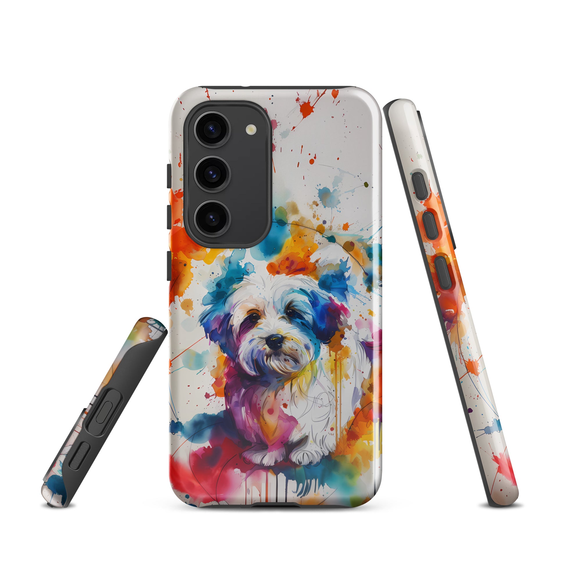 A Coton De Tulear dog in a splatter art phone case