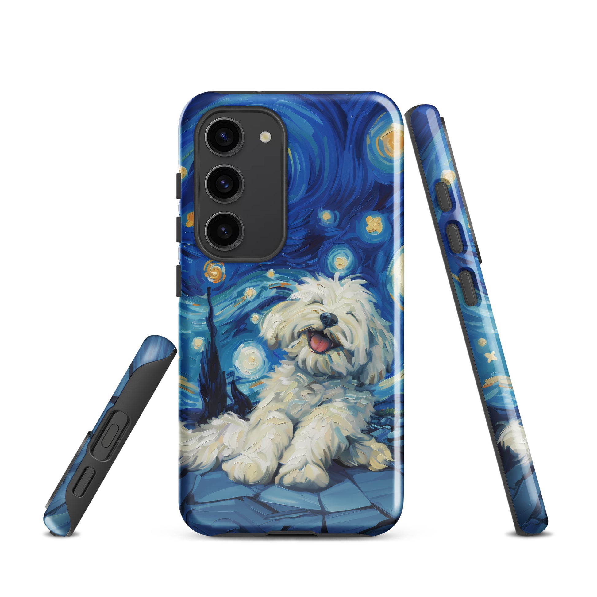 Van Gogh’s Starry night scene with a happy coton de tulear.