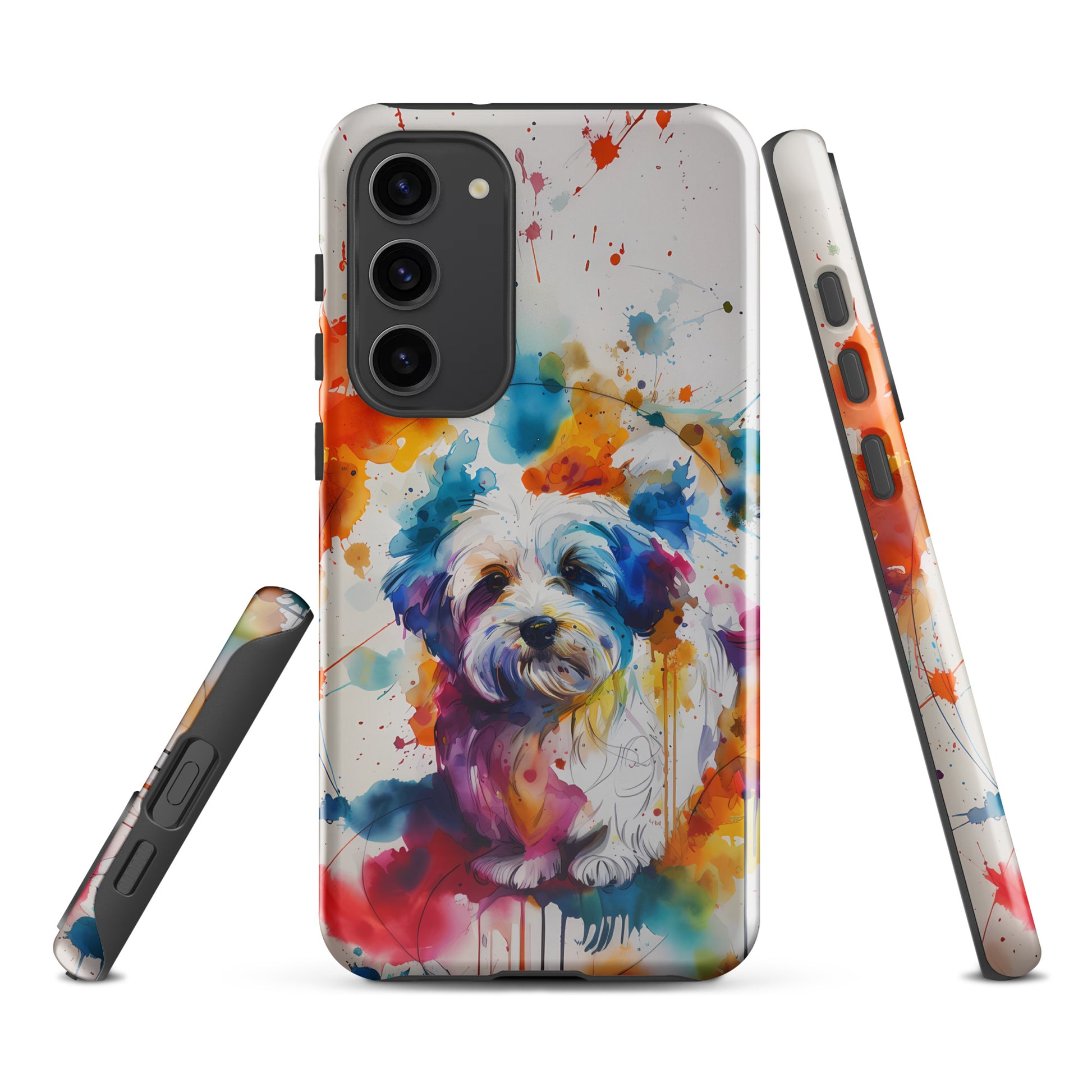 A Coton De Tulear dog in a splatter art phone case