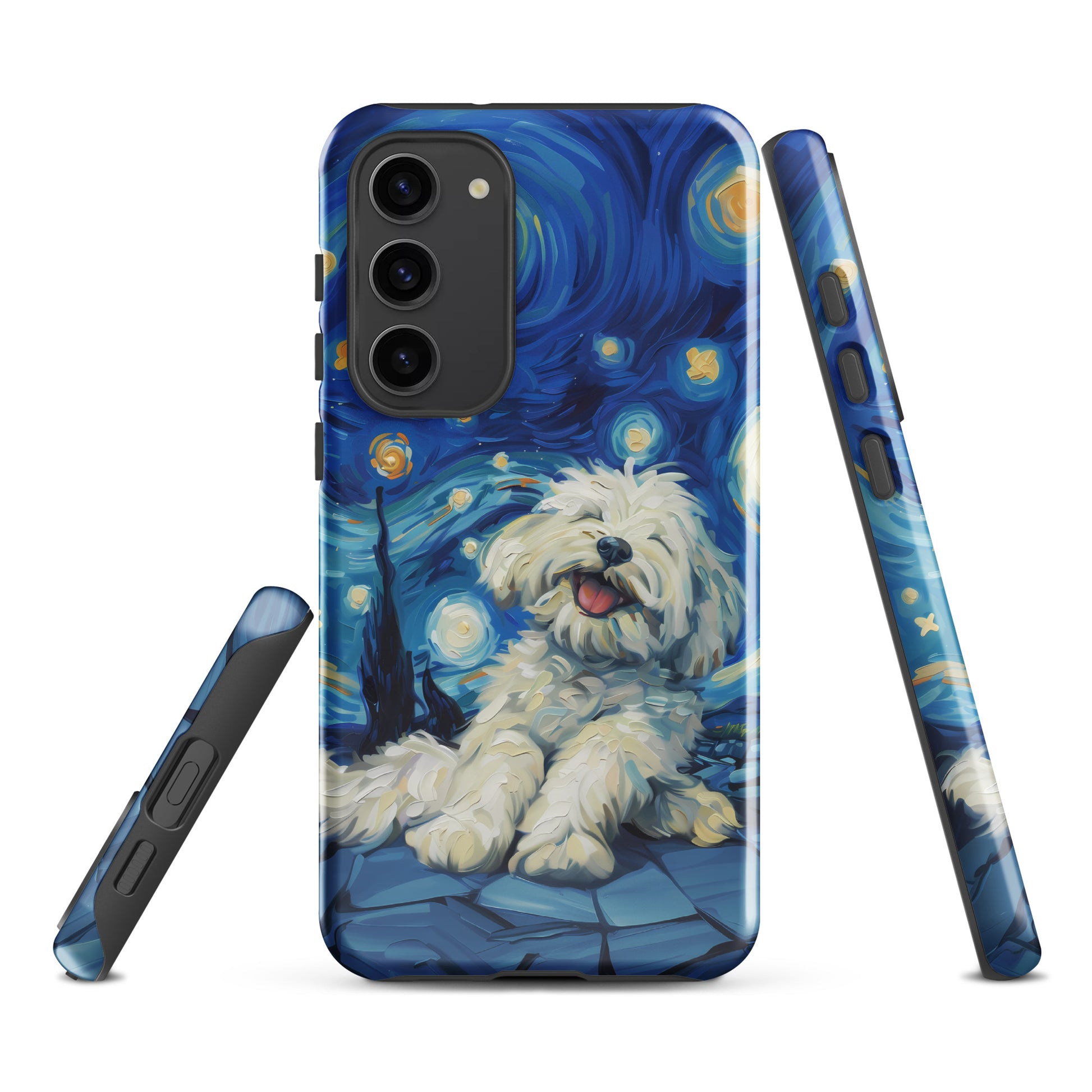 Van Gogh’s Starry night scene with a happy coton de tulear.