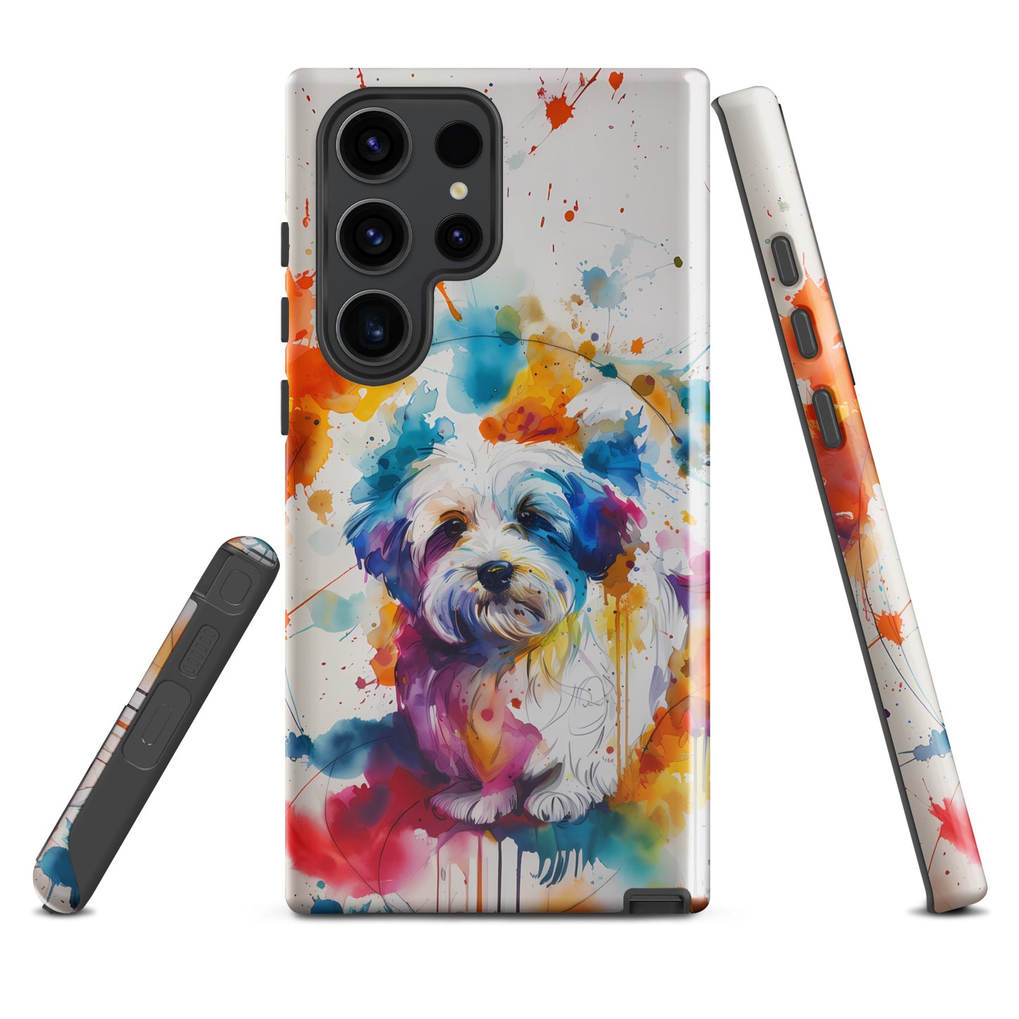 A Coton De Tulear dog in a splatter art phone case