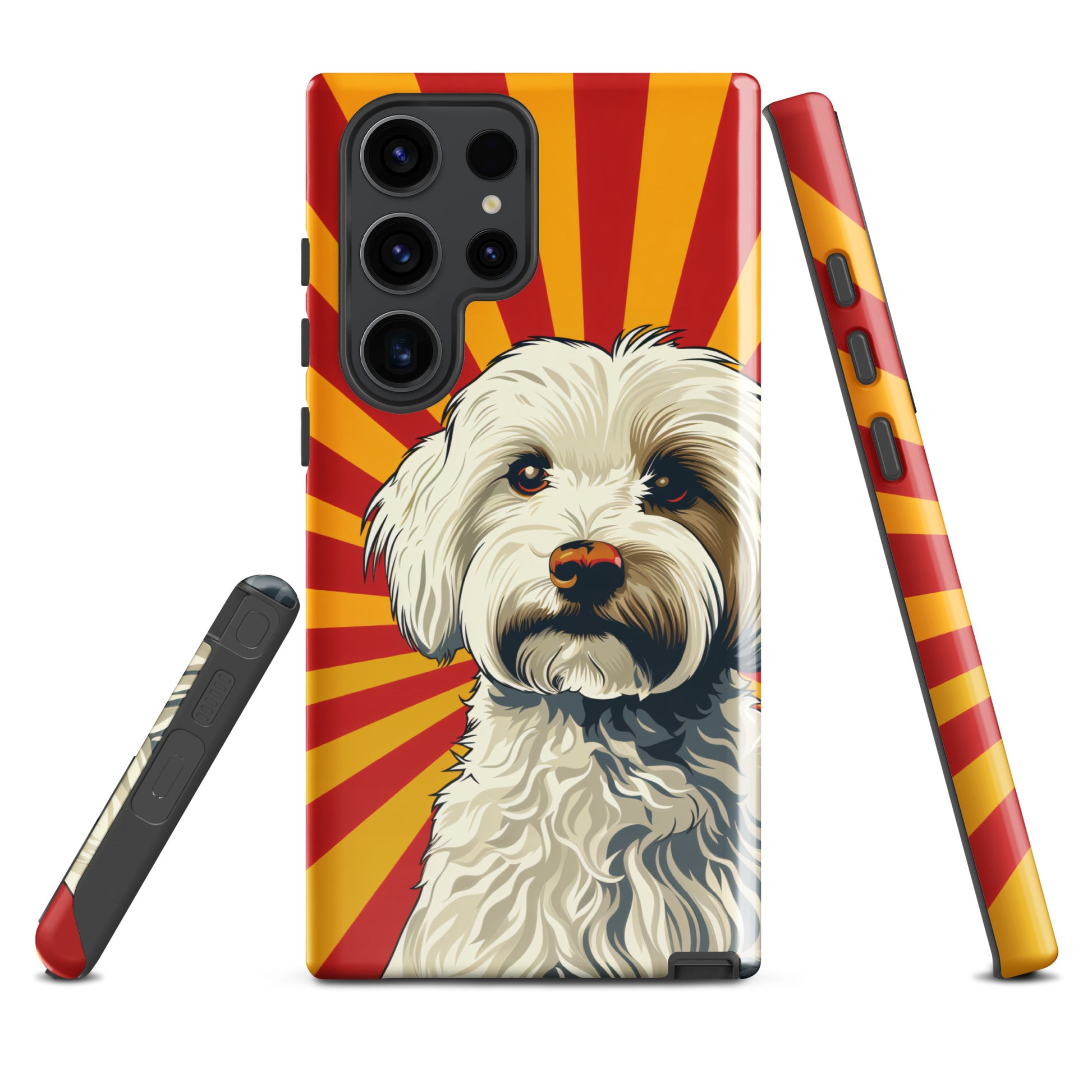 Coton De Tulear dog Pop Art with Yellow and Red rays in the background