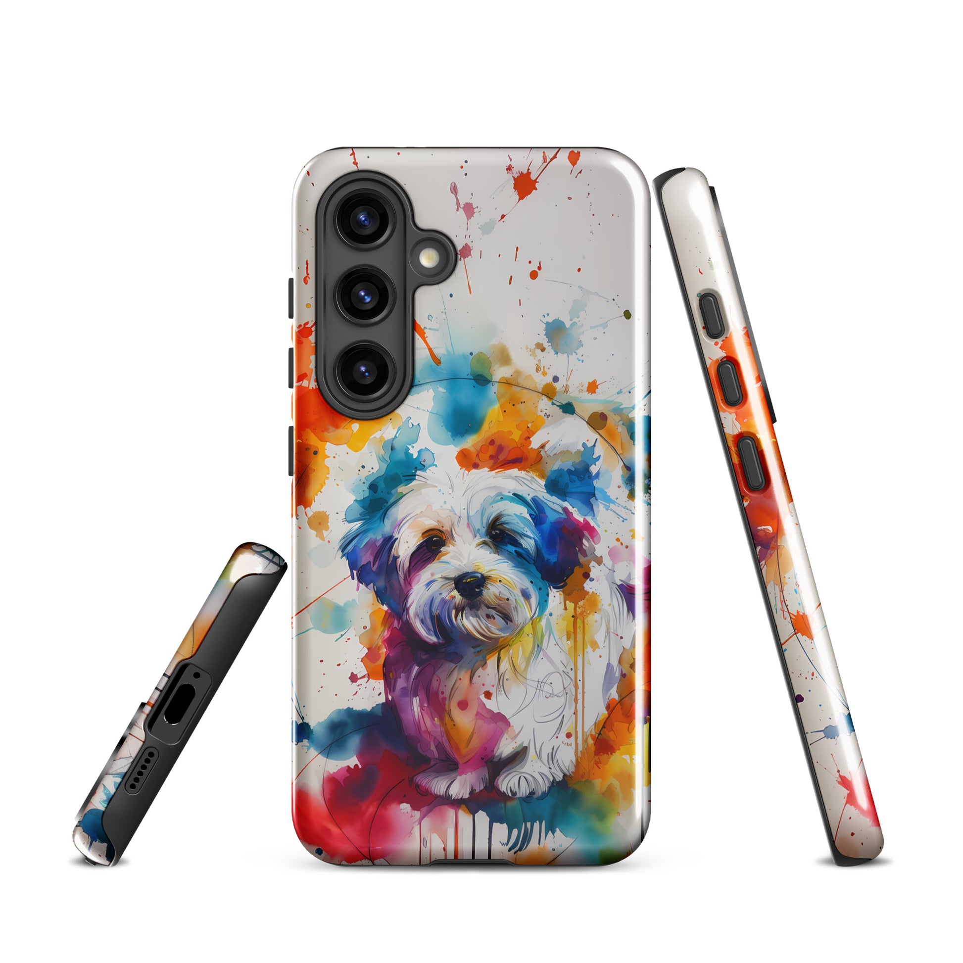 A Coton De Tulear dog in a splatter art phone case