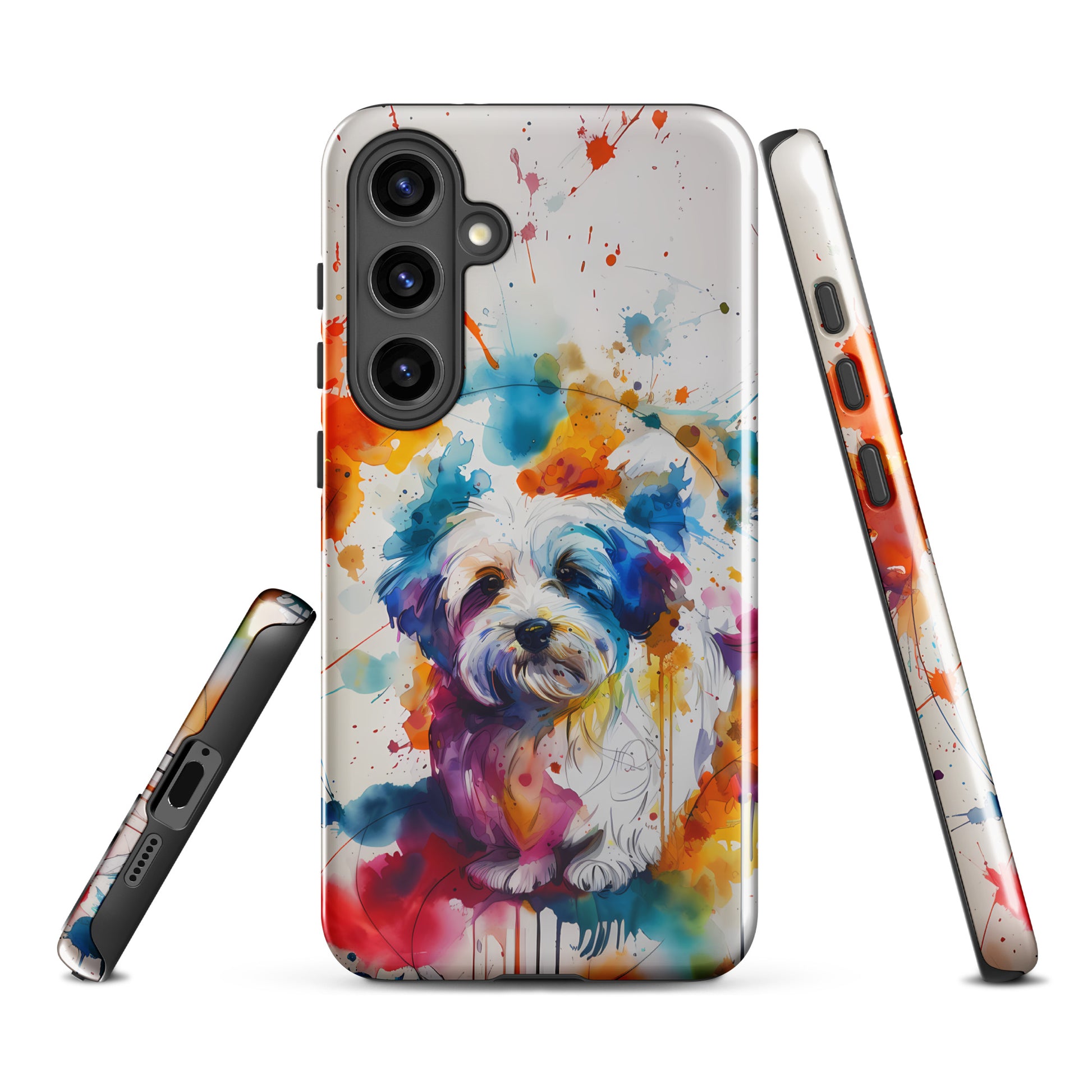 A Coton De Tulear dog in a splatter art phone case