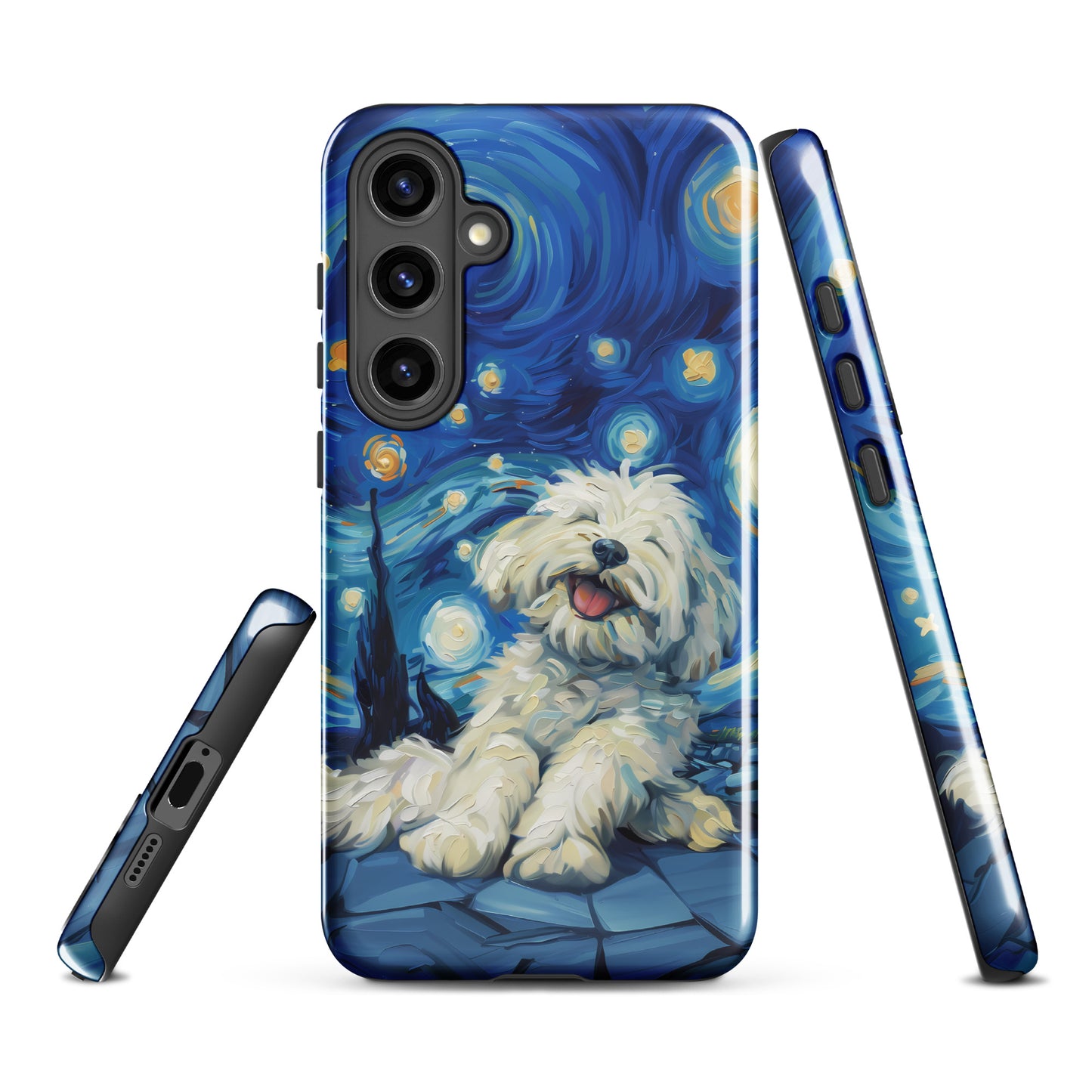 Van Gogh’s Starry night scene with a happy coton de tulear.