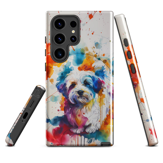 A Coton De Tulear dog in a splatter art phone case