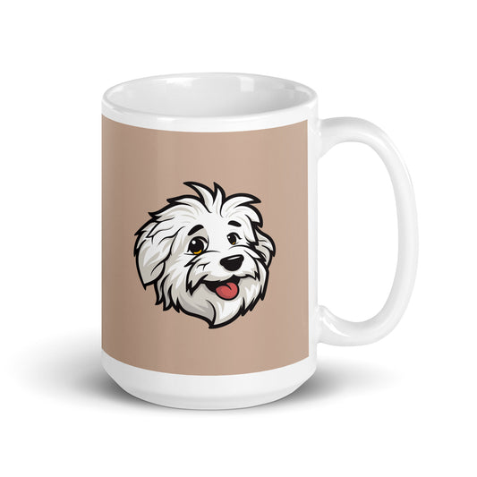 Coton de Tulear Dog Breed Coffee Mug, illustration of Sebastian, the Coton de Tulears with Caramel Background