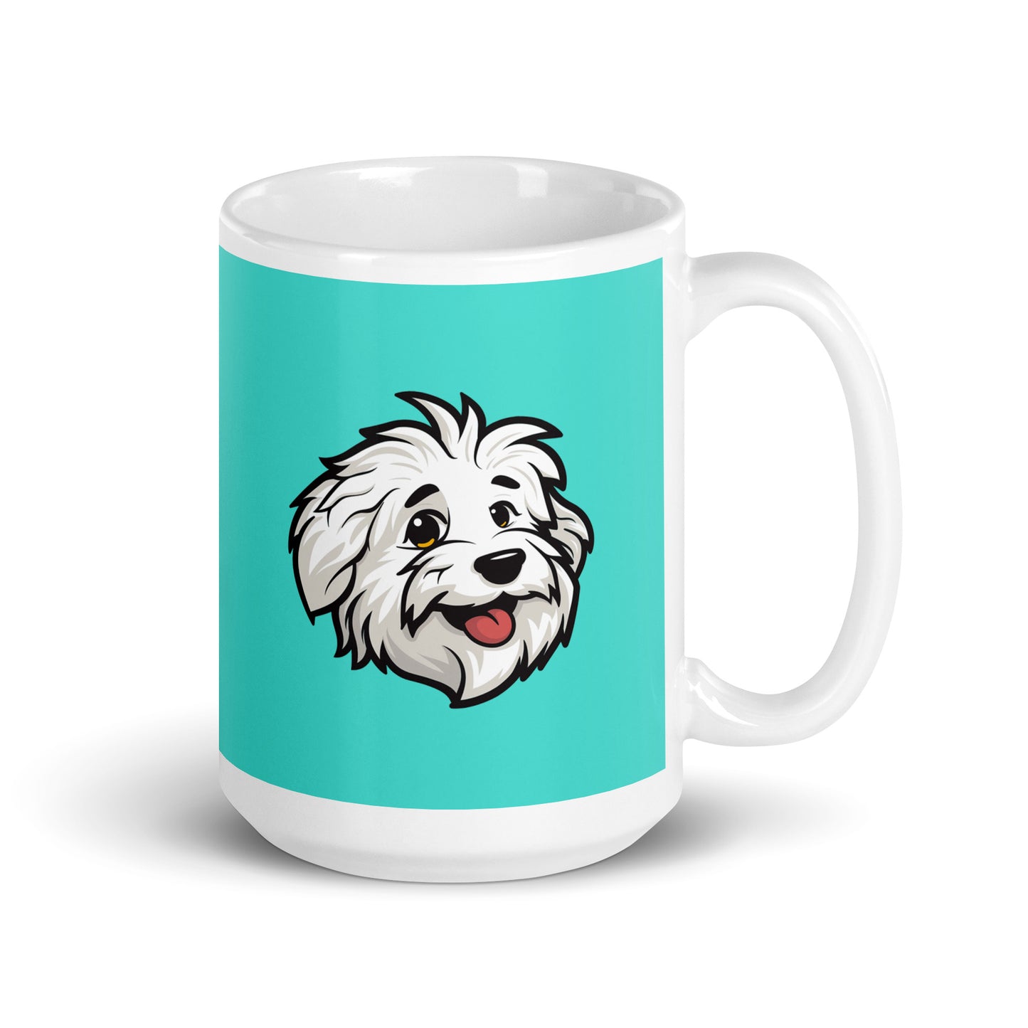 Coton de Tulear Dog Breed Coffee Mug, illustration of Sebastian, the Coton de Tulears with Aquamarine Background