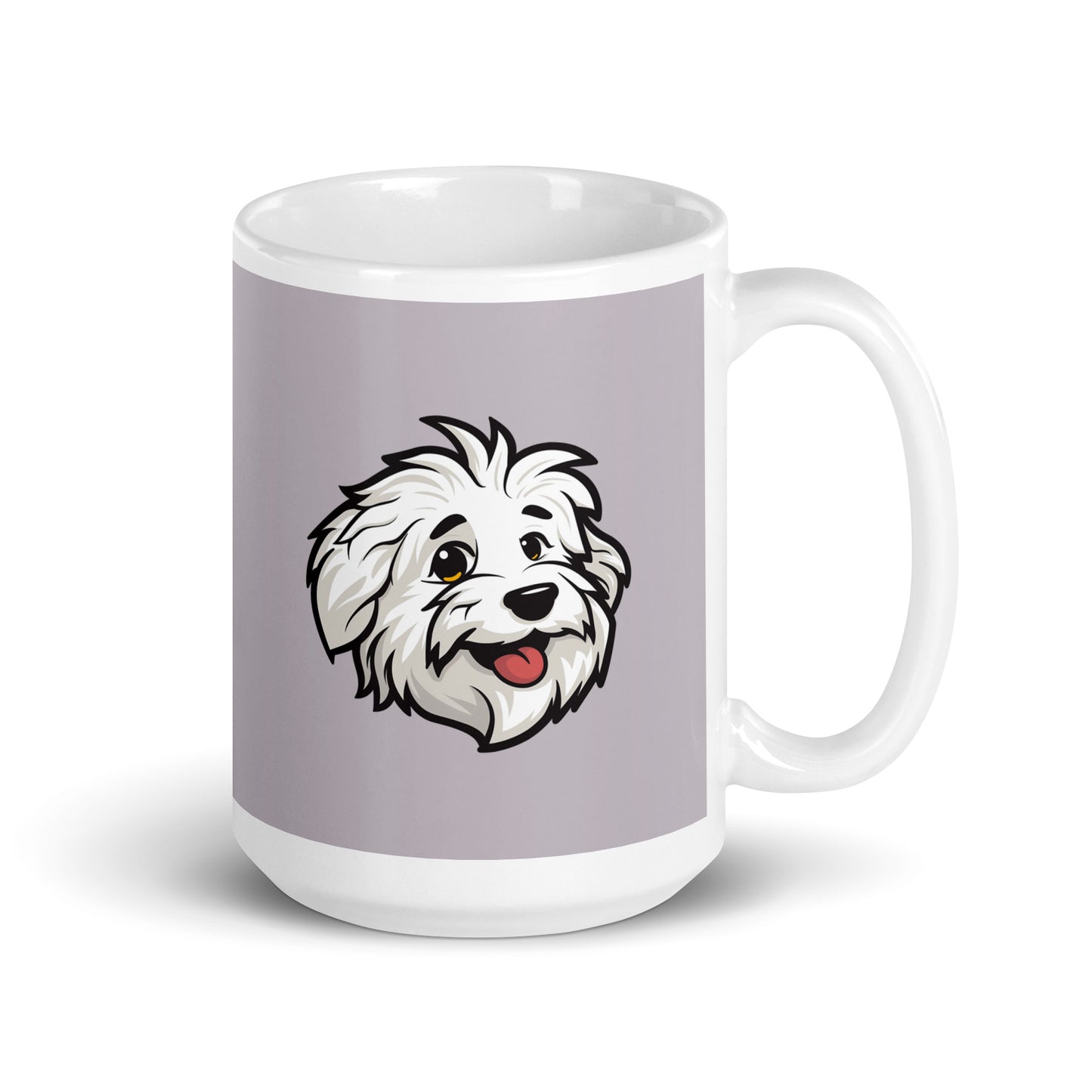 Coton de Tulear Dog Breed Coffee Mug, illustration of Sebastian, the Coton de Tulears with Light Grape Background