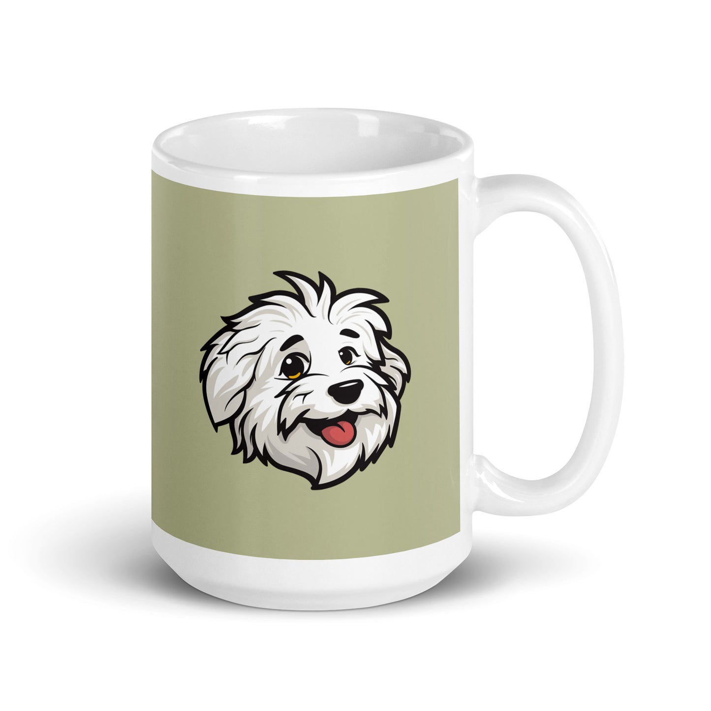 Coton de Tulear Dog Breed Coffee Mug, illustration of Sebastian, the Coton de Tulears with Sage Green Background